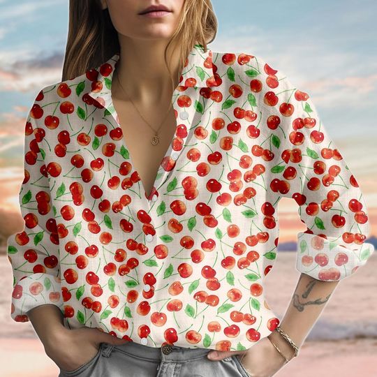 Retro Cherry Linen-Look Shirt, Red Cherry Women Shirt, Red Fruit Casual Shirt, Summer Cottagecore Casual Shirt, Birthday Gift For Her