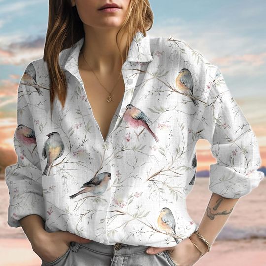 Bird Print Linen-Look Shirt, Botanical Women Blouse Shirt, Nature Summer Vacation Shirt, Cottagecore Garden Shirt, Vacation Shirt For Her