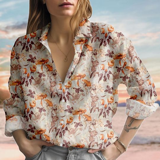 Retro Birds Flowers Linen-Look Shirt, Autumn Woodland Animal Blouse Shirt, Cozy Cottagecore Women Shirt, Forest Animal Casual Shirt