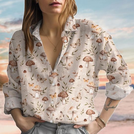 Vintage Mushroom Goblincore Linen-Look Shirt, Nature Shirt, Garden Blouse Women Shirt, Mushroom Collector Blouse Shirt, Gift For Her