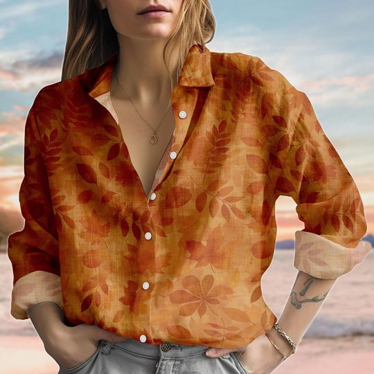 Rustic Autumn Leaf Linen-Look Shirt, Burnt Orange Fall Blouse Shirt, Boho Cottagecore Women Shirt, Nature Casual Shirt, Halloween Gift
