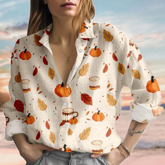 Pumpkin Spice Linen-Look Shirt, Fall Leaf Blouse Shirt, Autumn Coffee Print Women Shirt, Cute Fall Aesthetic Casual Shirt, Gift For Her