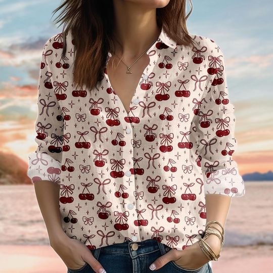 Cherry Bow Linen-Look Blouse for Women