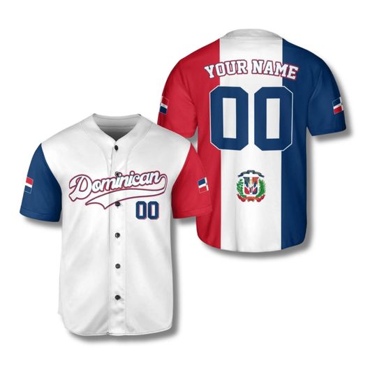 Personalized Dominican Republic Baseball Jersey Shirt, Custom Name & Number, DR Flag Button Up