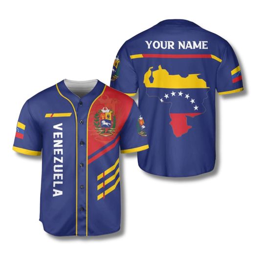 Personalized Venezuela Baseball Jersey, Custom Name Number, Blue Button Up Shirt