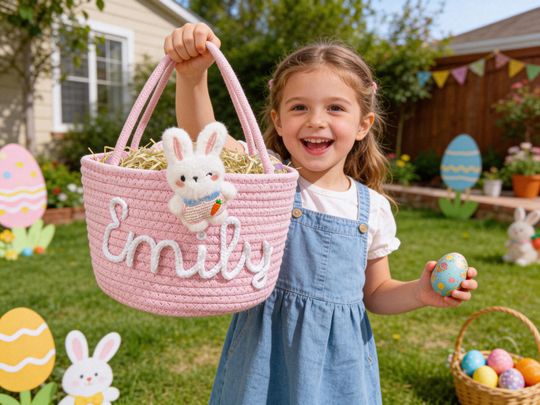 Personalized Easter Basket with Name,Custom Bunny Rope Basket,Kids Easter Gift,Baby's First Easter, Easter Egg Hunt Basket,Baby Shower Gift