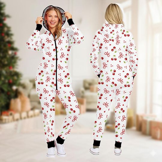 Christmas Family Jumpsuit, Cherry Onesie Pajamas, Holiday Fleece Jumpsuit, Christmas One-piece Pajamas, Pajamas For Family