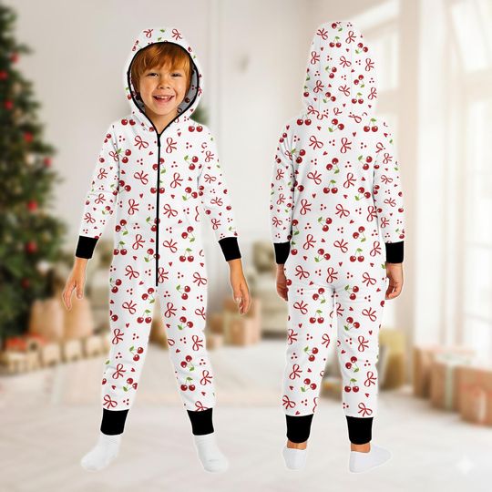 Christmas Family Jumpsuit, Cherry Onesie Pajamas, Holiday Fleece Jumpsuit, Christmas One-piece Pajamas, Pajamas For Family