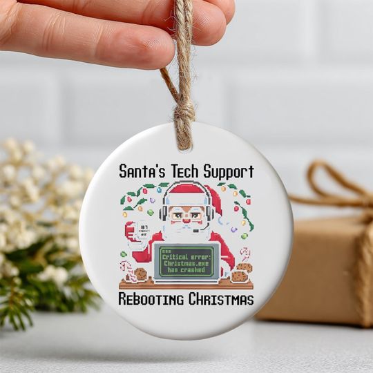 Santa's Tech Support Christmas Ornament, Funny Holiday Decor, Rebooting Christmas Gift, Elf Computer Humor, 2 Sides