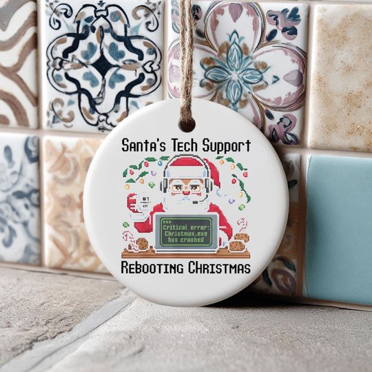 Santa's Tech Support Christmas Ornament, Funny Holiday Decor, Rebooting Christmas Gift, Elf Computer Humor, 2 Sides