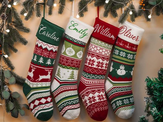Embroidered Wool Christmas Stocking: Family Holiday Decor