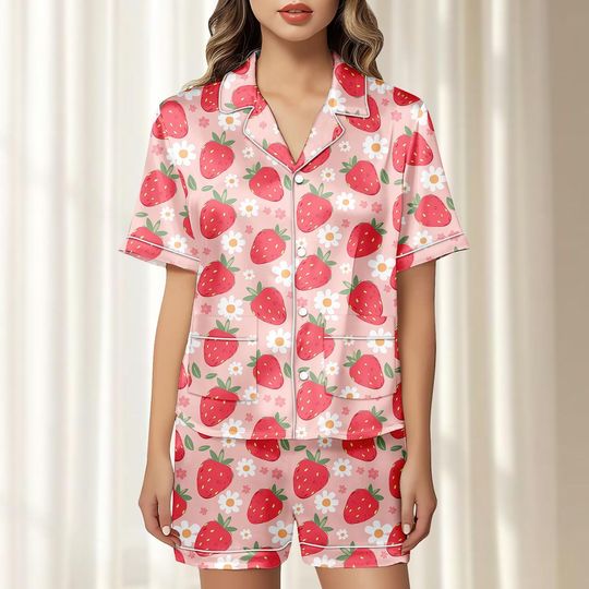 Strawberry Floral Satin Pajamas Short Set, Cute Pink Fruit Pjs, Kawaii Summer Sleepwear, Soft Daisies Loungewear, Gift For Her