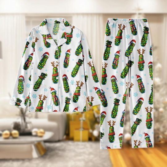 Funny Pickle Christmas Thick Pajamas Set, Holiday Pickle Print Matching PJs