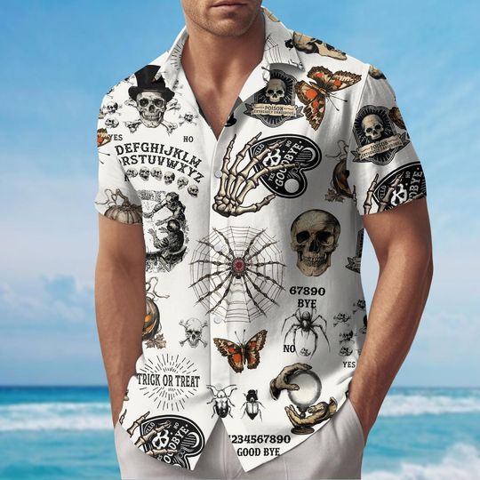 Gothic Skull Button Hawaiian Shirt, Dark Tropical Short Sleeve Tee for Men