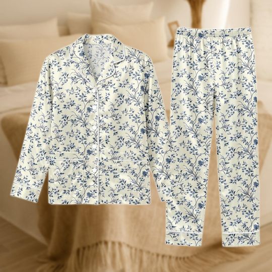 Floral Pajama Set for Women, Cream and Navy Blue Botanical Print Sleepwear, Long Sleeve Loungewear