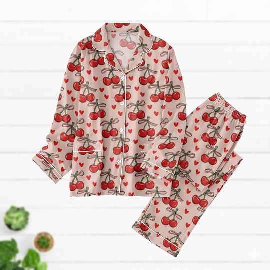 Cherry Heart PJs Set, Cherry Pajamas, Heart Long Pajama Set, Women Pajamas, Gift for Her