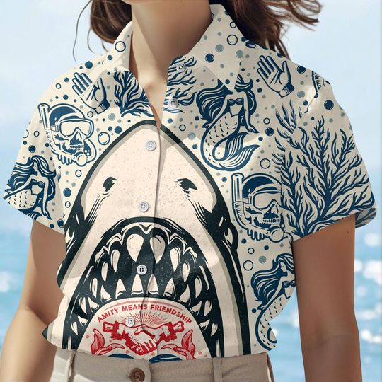Shark Bite Button Shirt, Ocean Predator Hawaiian Shirt, Jaws Shark Inspired Aloha Shirt