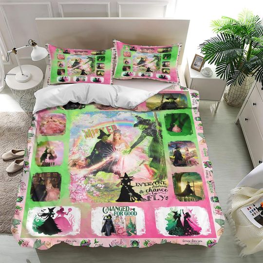 Good Witchy Bedding Set, Bad Oz Wizard Bed Set, Broadway Musical Fan Decor, Pink Green Bedding, Birthday Gift