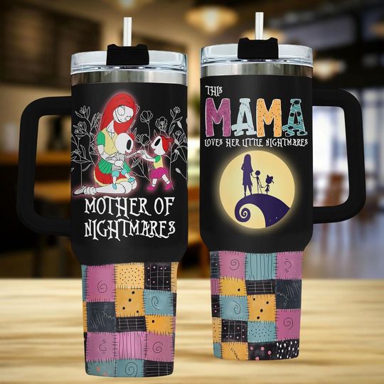 Nightmare Before Christmas 40oz Tumbler with Handle, Halloween Travel Mug, Mama Print, Gift for Mom