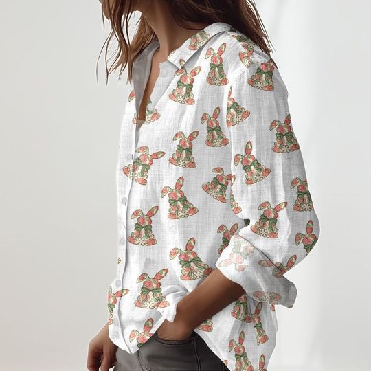 Floral Easter Linen Shirt, Rabbit Blouses Top Women, Coquette Bow Easter Casual Shirt, Easter Bunny Shirt, Cute Animals Shirt For Her
