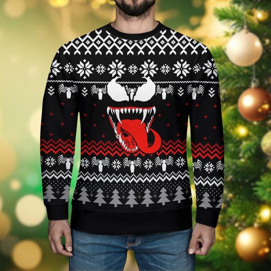 Christmas Venom Ugly Sweater, Superhero Movie Holiday Sweater, Spiderman Christmas Sweatshirt, Venom Xmas Sweater For Men Women Kid