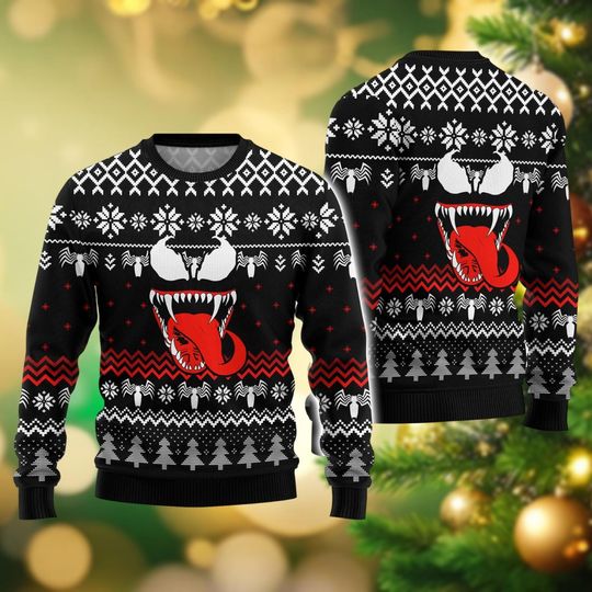Christmas Venom Ugly Sweater, Superhero Movie Holiday Sweater, Spiderman Christmas Sweatshirt, Venom Xmas Sweater For Men Women Kid