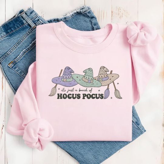 Hocus Pocus Witch Hat Sweatshirt, Pastel Witch Embroidered Shirt, Halloween Fall Cozy Crewneck, Witchy Autumn Pullover, Halloween Gift