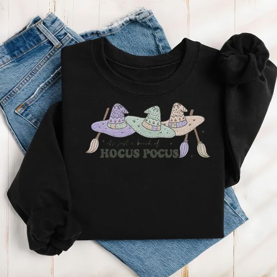 Hocus Pocus Witch Hat Sweatshirt, Pastel Witch Embroidered Shirt, Halloween Fall Cozy Crewneck, Witchy Autumn Pullover, Halloween Gift