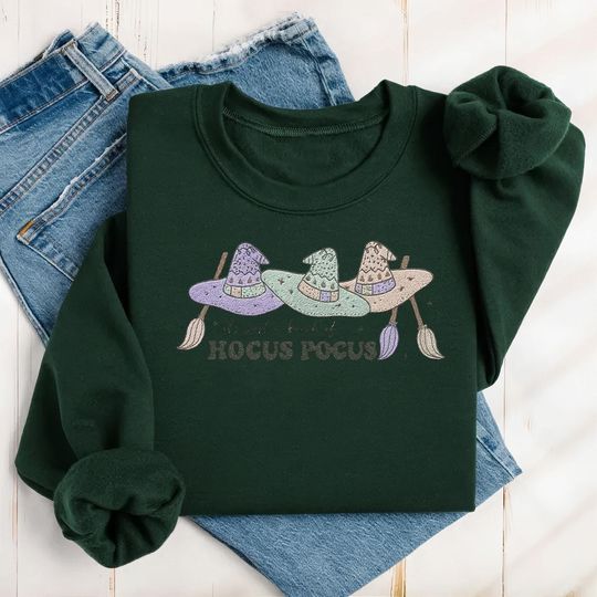 Hocus Pocus Witch Hat Sweatshirt, Pastel Witch Embroidered Shirt, Halloween Fall Cozy Crewneck, Witchy Autumn Pullover, Halloween Gift