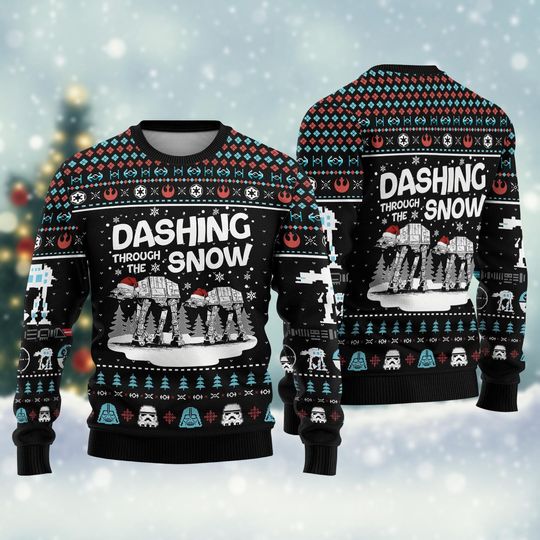 Vintage Star Wars Dashing Through The Snow Christmas Ugly Sweater, AT-AT Walker Santa Holiday Sweater, Retro Sci-Fi Christmas Jumpers