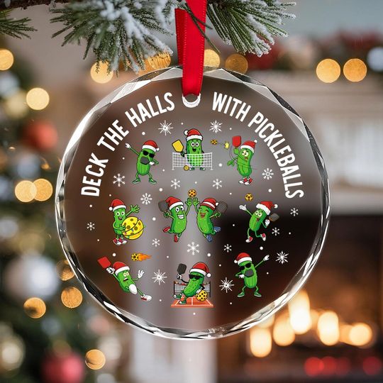 Pickleball Glass Ornament, Round Christmas Tree Decor