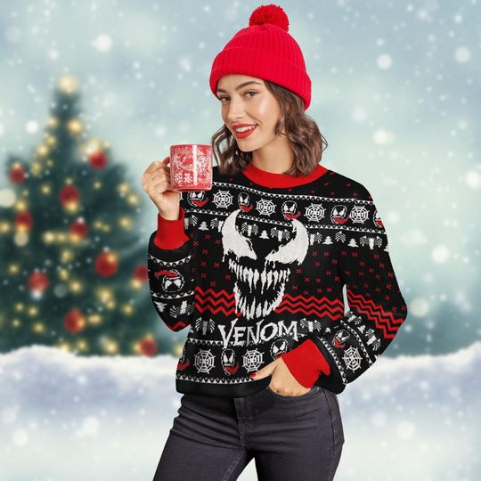 Venom Ugly Christmas Sweater Knit, Superhero Holiday Sweater