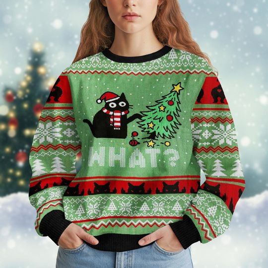 Funny Black Cat What Ugly Christmas Sweater Knit, Cat Lover Holiday Sweater, Santa Cat Tree Christmas Shirt,Xmas Gift For Men Women Kid