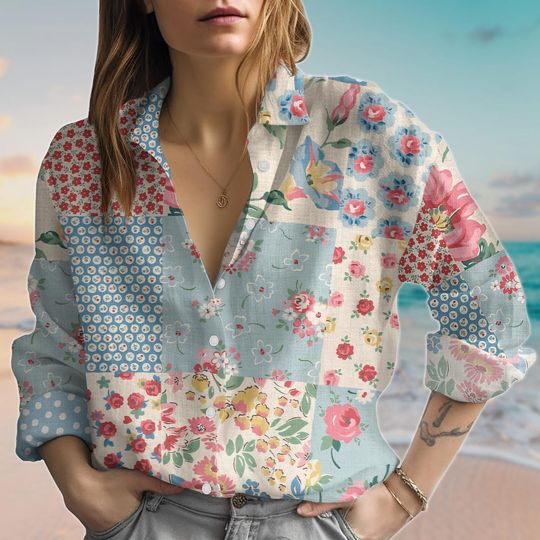 Vintage Floral Linen-Look Shirt, Wildflower Blouse Shirt, Cottagecore Womens Summer Top, Nature Lover Shirt For Vacation, Gift For Her