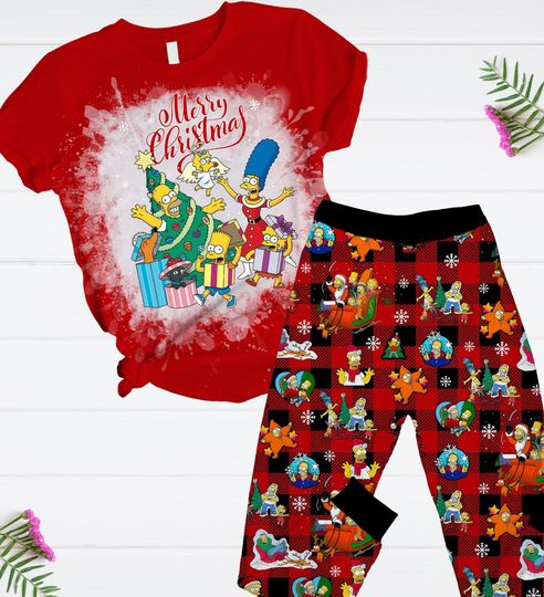 The Simpsons Christmas Pajamas Set, Homer Simpson Xmas T-Shirt And Pants, Funny Bart Simpson Holiday Pajamas, Xmas Pajamas For Family