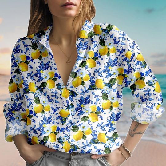 Lemon Floral Blouse Shirt, Blue Yellow Mediterranean Women Shirt, Italian Tile Fruit Shirt For Summer, Lemon Casual Shirt, Gift For Her