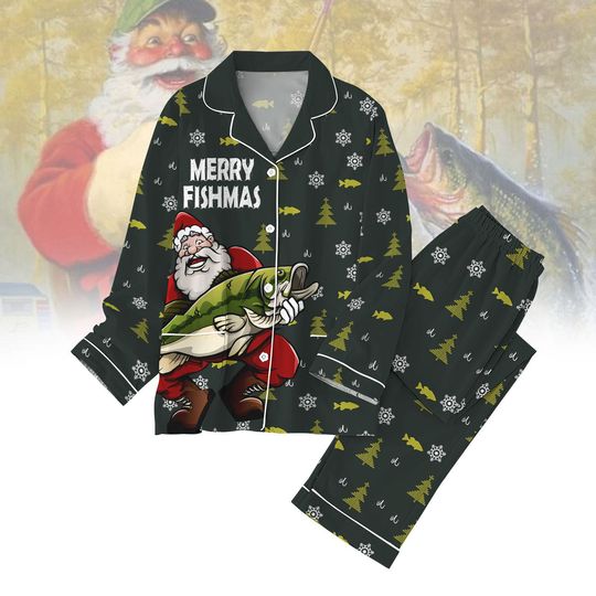 Santa Christmas Pajamas, Merry Fishmas Pajama Set, for Men Women, Holiday Sleepwear, Fun PJs, Christmas Gift