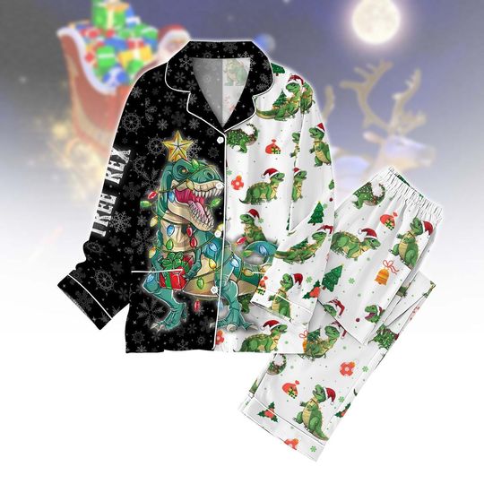 Christmas Dinosaur Pajama Set, Tree Rex Xmas Sleepwear Set, Santa Dinosaur Holiday Pajama, Christmas Party Pajama Pants