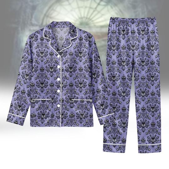 Halloween Haunted Mansion Satin Pajama, Purple Ghost Pattern Sleepwear