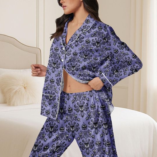 Halloween Haunted Mansion Satin Pajama, Purple Ghost Pattern Sleepwear