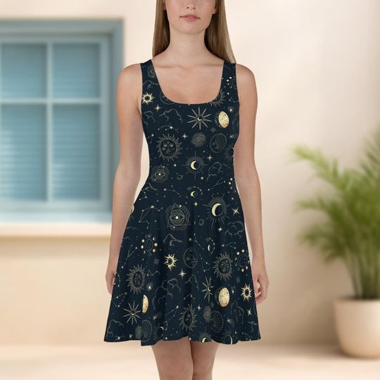 Constellation Costume Dress with Sun, Moon, and Stars Print, Boho Sleeveless Summer Dress