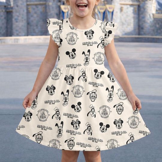 Retro Mickey and Friends Dress, Magical Outfits, Disney Characters Costume, Disney Mouse Head Flutter Sleeve Dress, Mickey And Co Gift