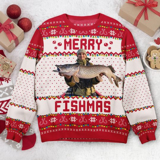 Personalized 'Merry Fishmas' Ugly Christmas Sweater: Fishing Gift