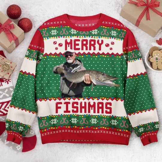 Personalized 'Merry Fishmas' Ugly Christmas Sweater: Fishing Gift