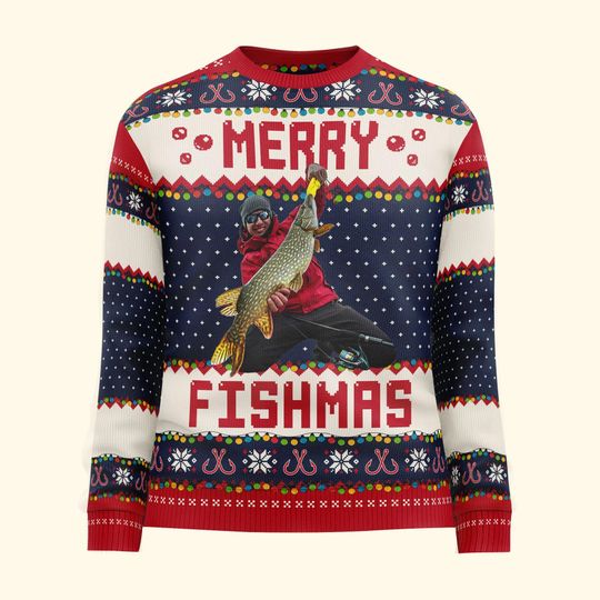 Personalized 'Merry Fishmas' Ugly Christmas Sweater: Fishing Gift