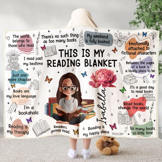 Birth Flower Book Lovers, Books Quotes, Personalized Wearable Blanket Hoodie, Gift for Book Lover, Birth Month Flower Blanket