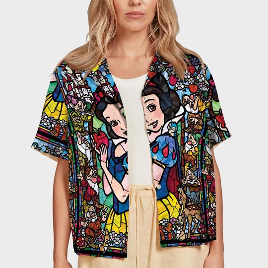 Stained Glass Snow White  Hawaiian Shirt, Retro Snow White & The Seven Dwarfs Floral Button Up Shirt, Magic Kingdom Disney Princess Shirt
