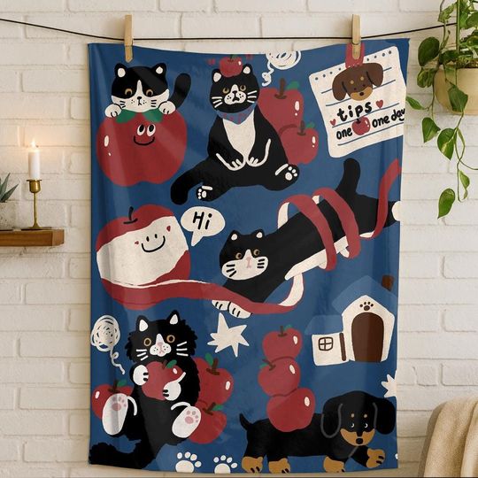 Cute Cartoon Fleece Blanket for Cats, Soft Flannel Warm Throw for Sofa and Bedroom Decor