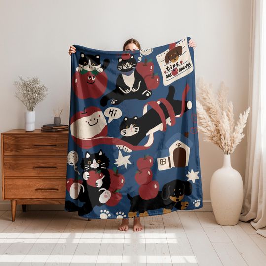 Cute Cartoon Fleece Blanket for Cats, Soft Flannel Warm Throw for Sofa and Bedroom Decor