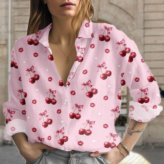 Cherry Pattern Blouse Shirt, Cherry Kiss Button Women Shirt, Pink Lips Women Top, Women Blouse Top, Gift for Her